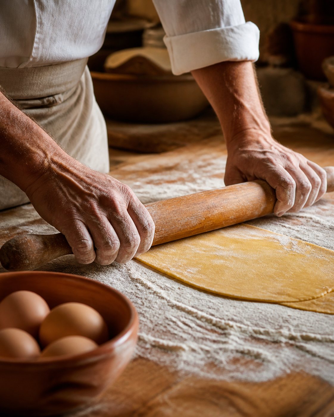 Hands rolling fresh pasta at Shardana